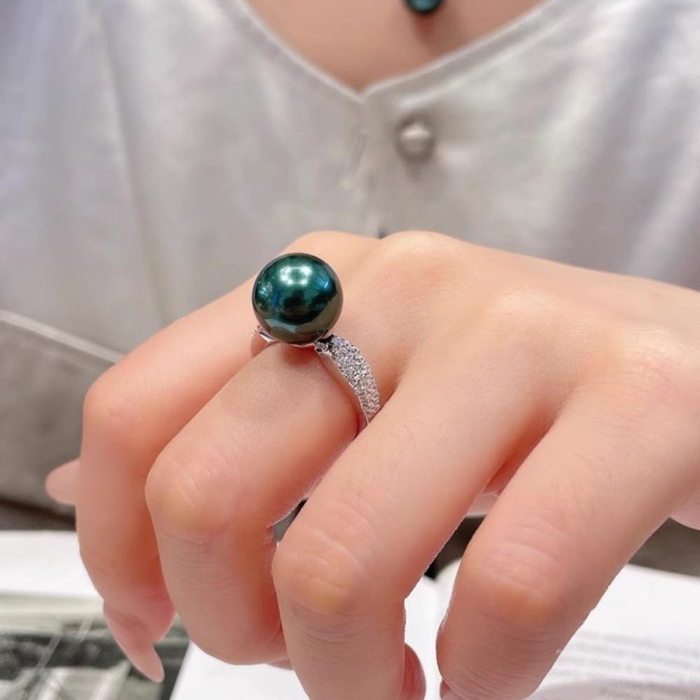 Women Jewelry Set Minimalist Luxury Style Peacock Green Imitation Pearl Ring Earrings Pendant Necklace