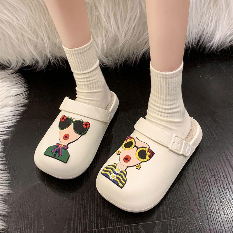 Waterproof cute fluffy slippers cartoon fashion bag head dragging and stepping on shit thick-bottomed cotton slippers women's 2025 winter new models
