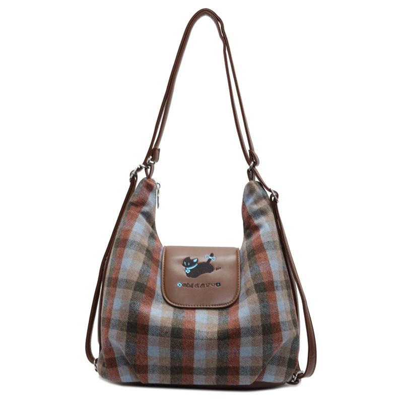 Cartoon puppy backpack bag women's new college plaid tote bag large-capacity shoulder bag