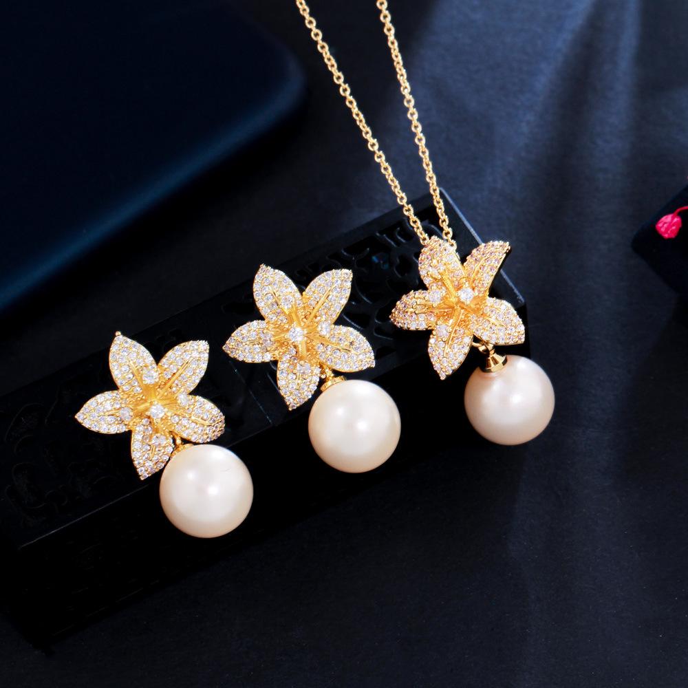 Pearl Small Flower Earrings Necklace Small Set Chain Female Super Fairy Sweet Temperament Micro-Inlaid Five-Petal Flower Set