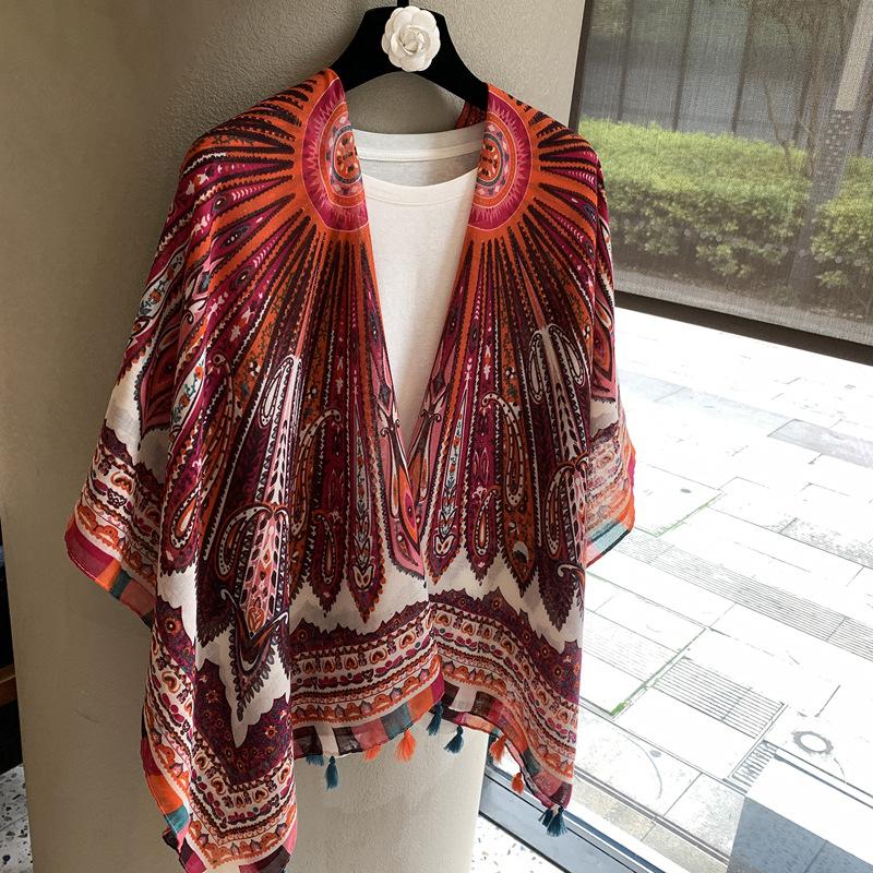 Old Qian Feng Cashew Nut Silk Scarf Women'S Spring, Autumn Winter Collocation Baotou Neck Protector Hanging Beard Ethnic Style Scarf Cardigan Shawl