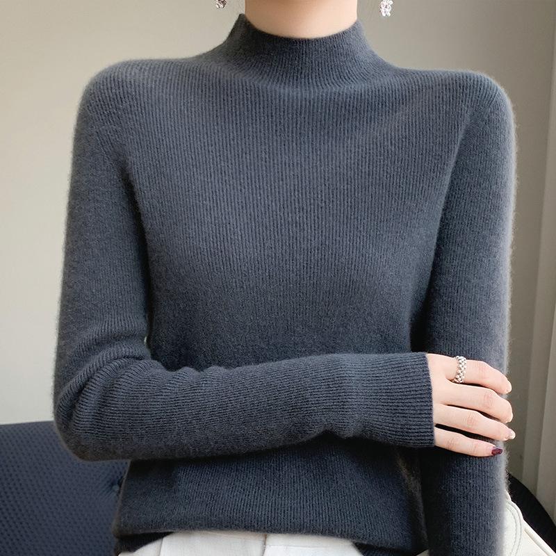 Women's Slim Fit Solid Color Knit Pullover Sweater – Autumn/Winter Long Sleeve Half-High Neck Base Layer