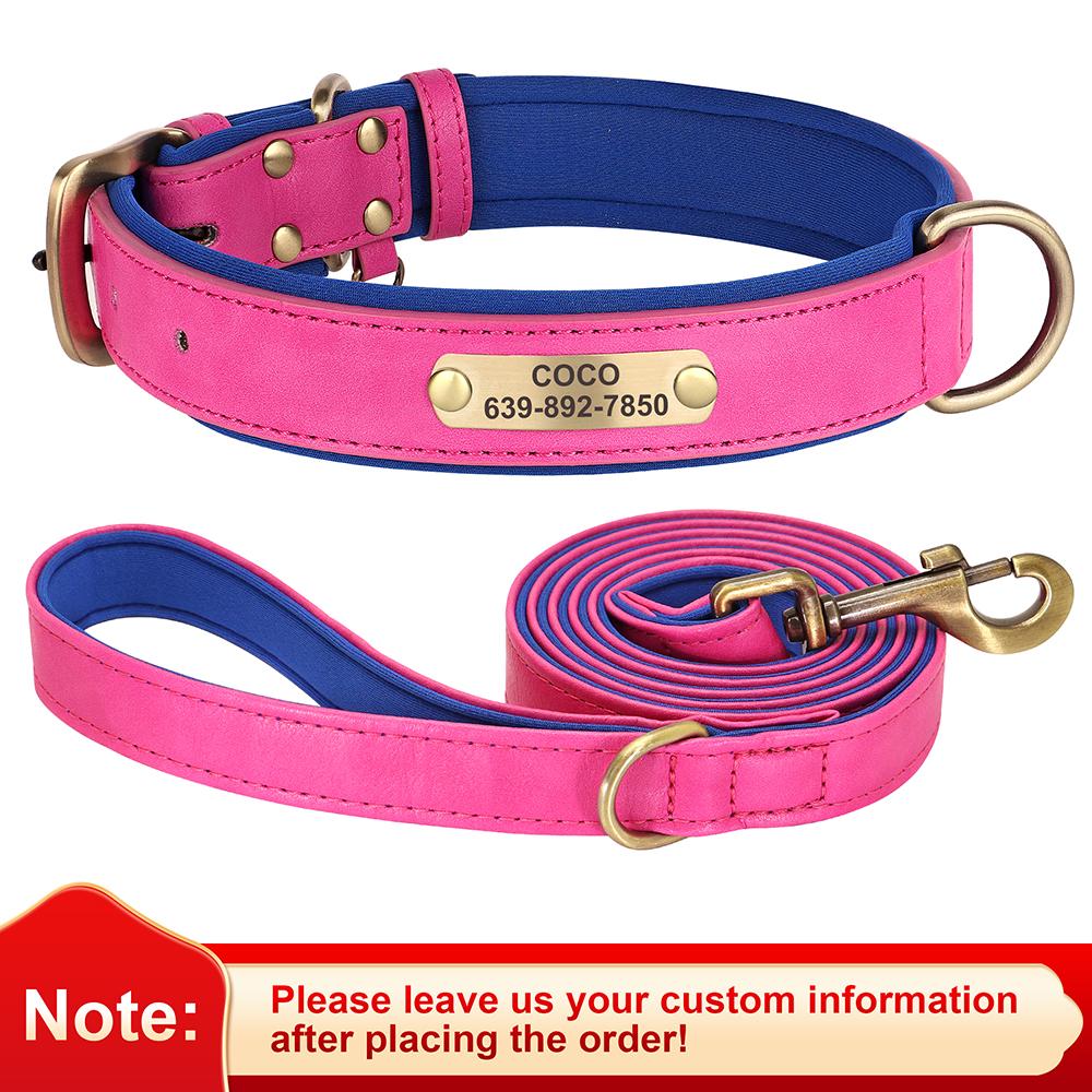 Personalized Dog ID Collar With Leash Soft Padded PU Leather Dogs Collar and Leash Set Anti-lost Tag For Small Medium Large Dogs