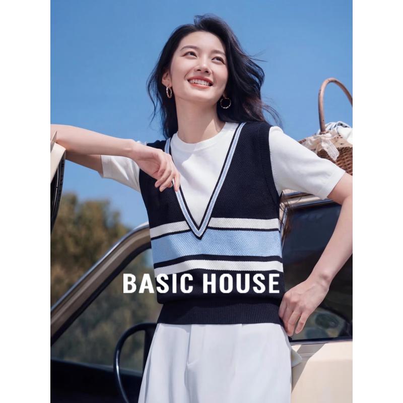 Basic House Women s Faux Two-Piece Striped Knit Top S
