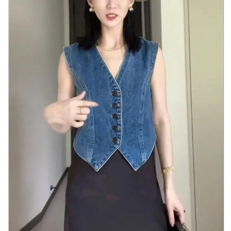 

Denim Vest Sleeveless Tailored Hem Casual Layering Waistcoat S синій