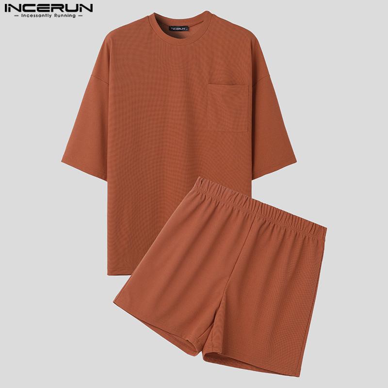 INCERUN Two Pieces Oversized Men Summer Short Sleeve T-Shirts and Loose Shorts Outfits Sets