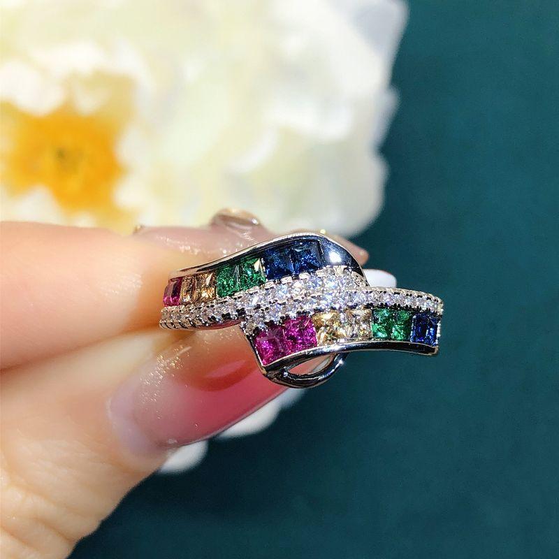 European and American Style Synthetic Red and Blue Sapphire Ring, Plated with 18K Gold, Inlaid with Zircon, Rainbow Colored Gemstone Women's Band Ring