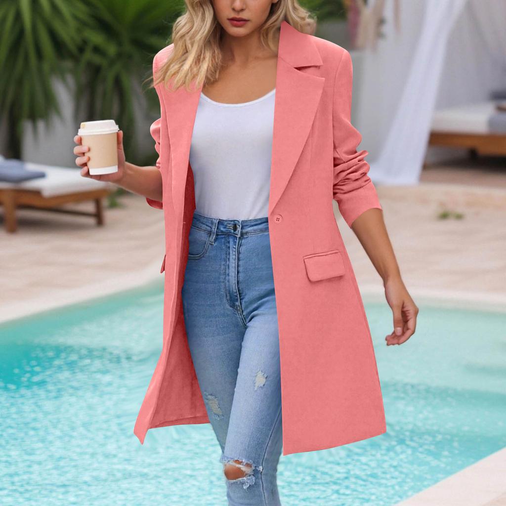 Women's Fashion Casual Long Sleeve Long Suit Jacket With Pockets