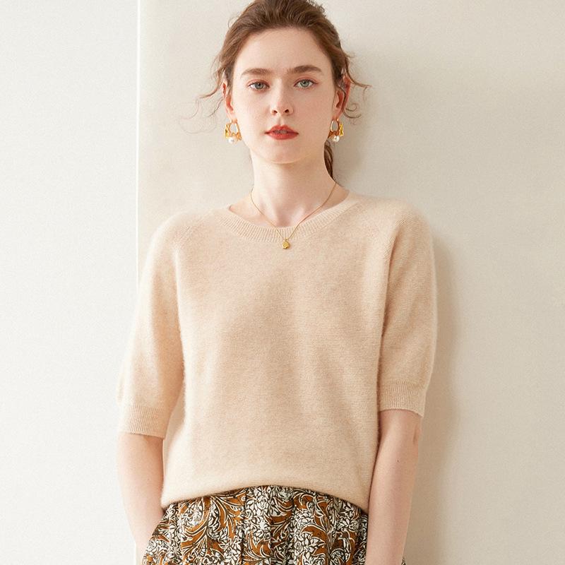 2025 Women's Early Autumn Cashmere Knit Short Sleeve Pullover - Versatile, Stylish Solid Color Sweater