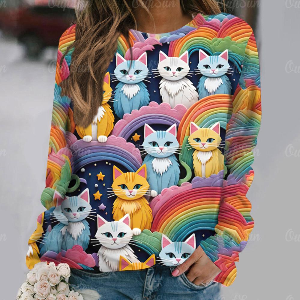 Flowers Cat  Long Sleeves Women Colorful Animal 3D Clothing  Tops O-Neck Cotton Clothes T-Shirt