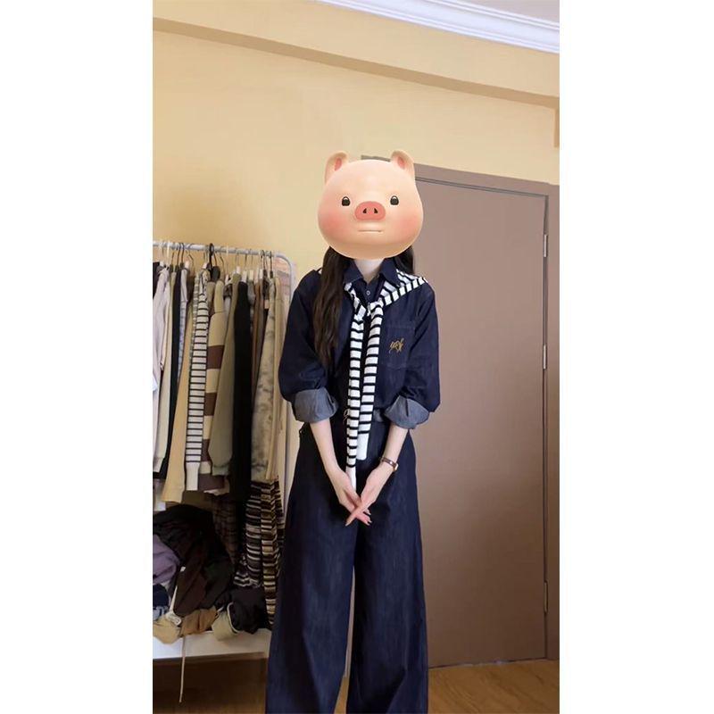 

2025 Autumn Women s Korean Retro Denim Suit: Long-Sleeve Jacket and High-Waisted Wide-Leg Pants Default Size