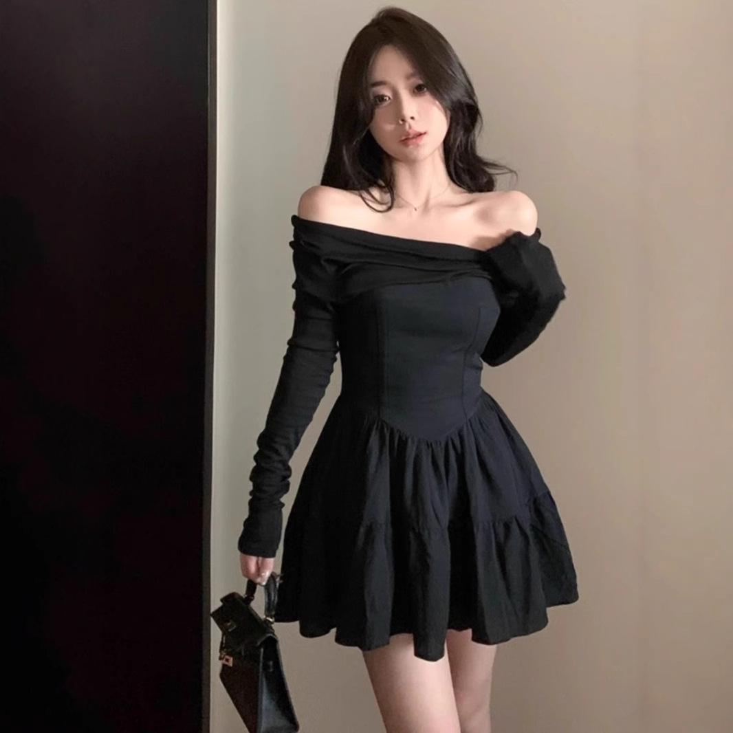 

Элегантное платье на одно плечо с длинными рукавами - Весенне-осенний облегающий короткий стиль 2024 Small