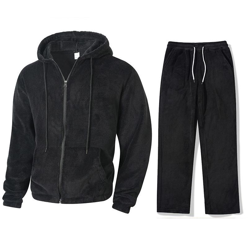 Solid Fleece Lined Drawstring Hooded Top And Long Pants Two Piece Casual Mens Set