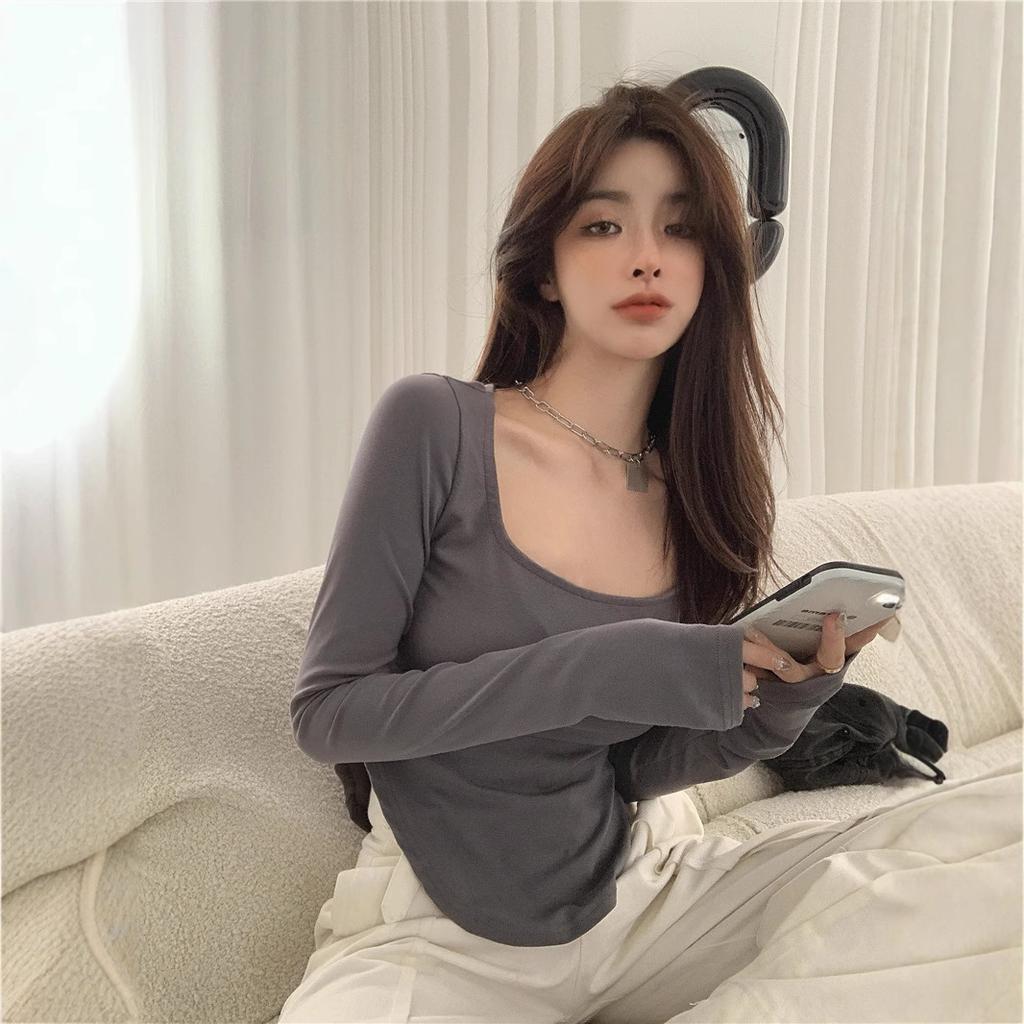 New Autumn Clothing U-neck Solid Color Sexy Low-neck Irregular Slim Long-sleeved T-shirt Women's Inner Bottom Shirt Top