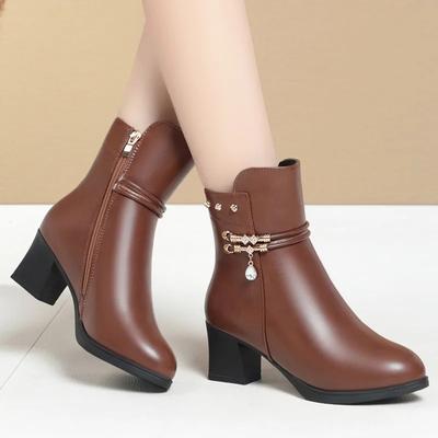 Outono Inverno Novo Bota de Neve Feminina Salto Grosso Solas Macias Antiderrapante com/sem Pelúcia Couro Sapatos de Mãe Bota de Tornozelo Tamanho Grande 42