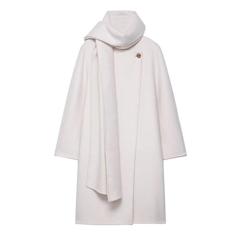

Autumn New Women s Clothing Korean Style Minimalist Scarf Collar Long Sleeves Wool Blend Long Handmade Coat Outwear White L
