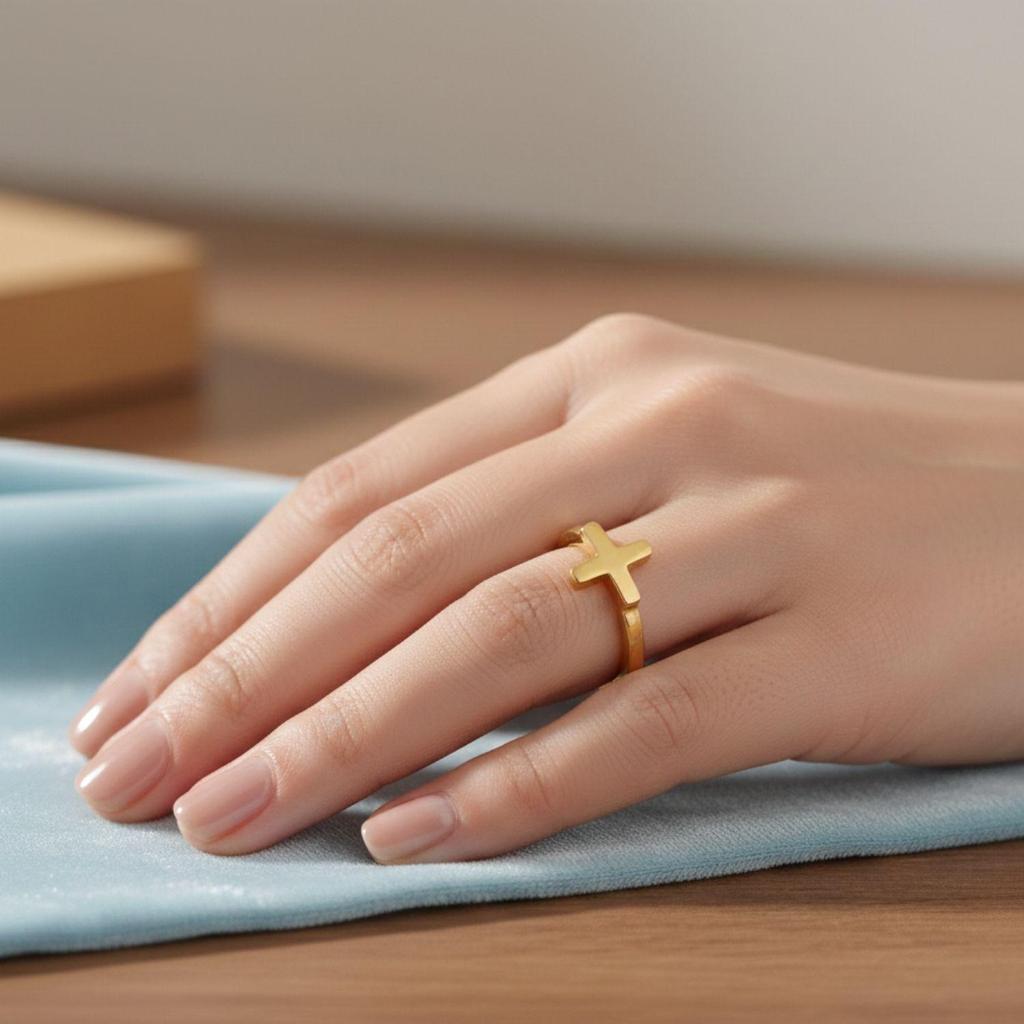 925 Sterling Silver Gold Vermeil Minimalist Cross Women Ring