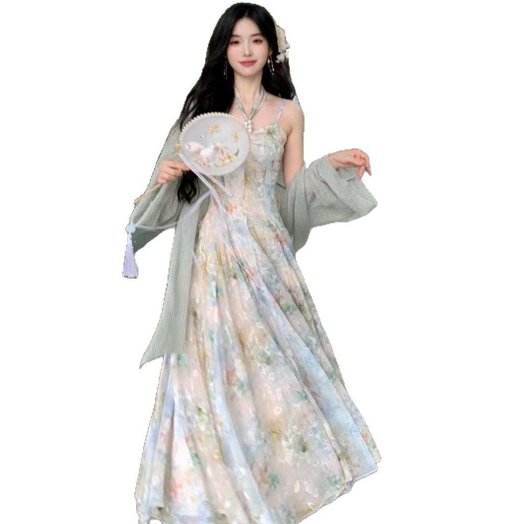 Summer new super fairy beautiful floral neck suspender skirt cardigan shawl fairy fluttering long dress large size women's clothing