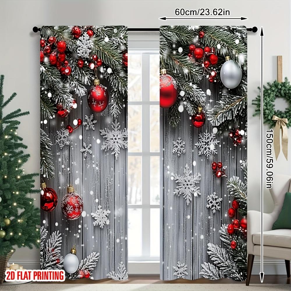 Christmas Snowflake Curtains Red Ball Green Plant Flat Print Polyester Door Wall Yard Decor Party Ready Set Of 2 Made