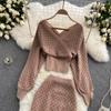 Fashion Comfy Women Dress Elegant Two Piece Set Knitted Tops And Pencil Skirts Office Style Ladies Skirt