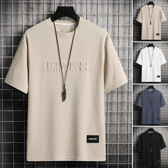 

Летняя мужская футболка с круглым вырезом, однотонная, с буквенным узором, свободный пуловер с короткими рукавами, повседневная одежда для студентов L чёрный