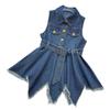 Girls' Trendy Denim Vest Dress: Summer 2026 Waist-Cinched Irregular Frayed Hem Sleeveless Style