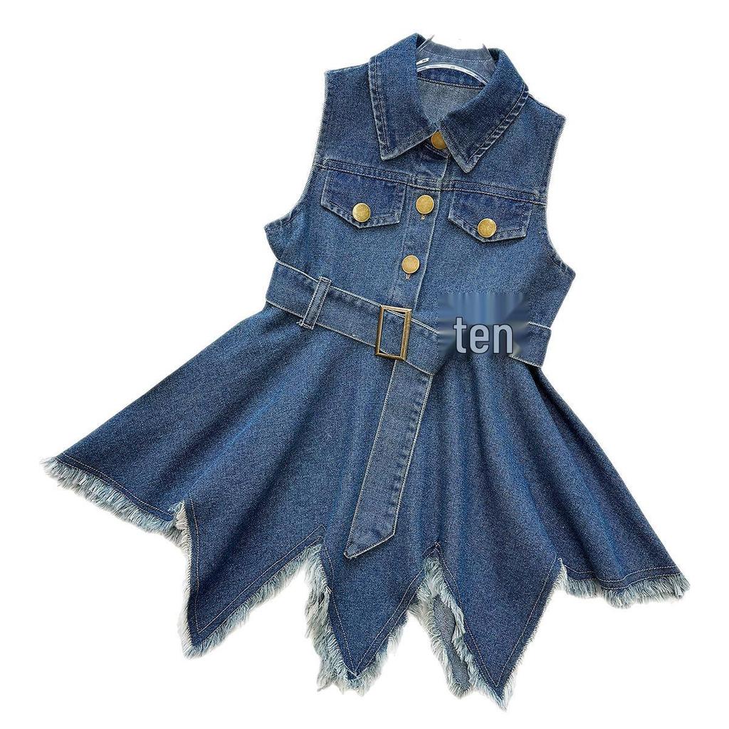 Girls' Trendy Denim Vest Dress: Summer 2026 Waist-Cinched Irregular Frayed Hem Sleeveless Style