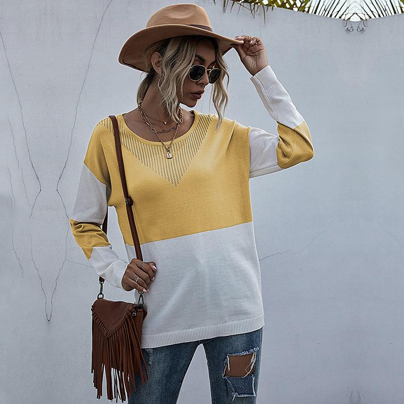 Women's Crew Neck Sweater, Color-Block for Fall and Winter