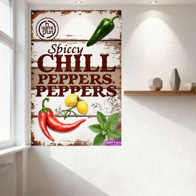 Rustic Vintage Home Fun Spicy CHILL PEPPERS Metal Tin Sign - Green Jalapeño Red Chili Habanero for Kitchen Bar Cafe Home Decor