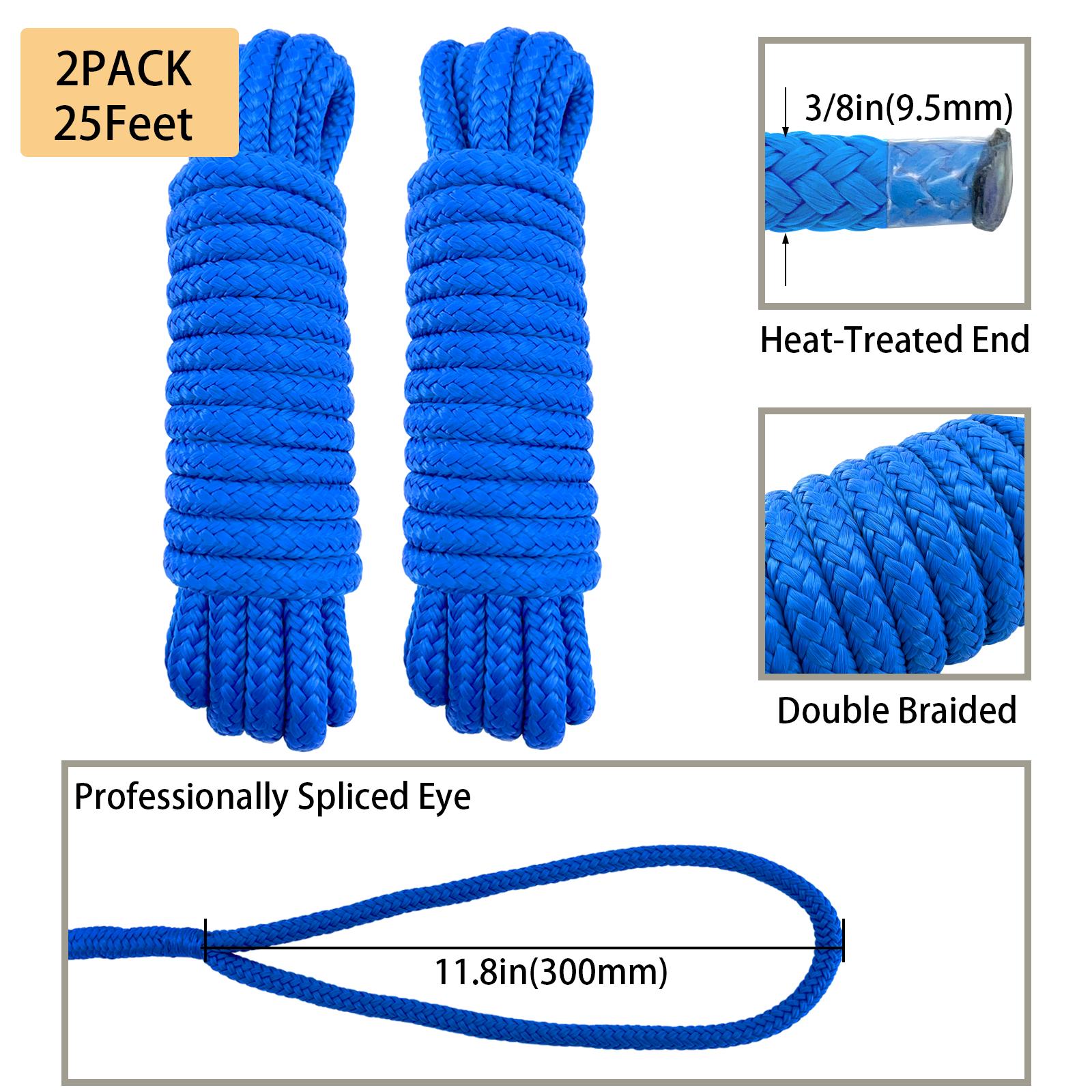ISURE MARINE 2Pcs 3/8” X 15/25FT Dock Lines Grade Double Braided Anchor Mooring Rope High Strength Marine Rope 25FT