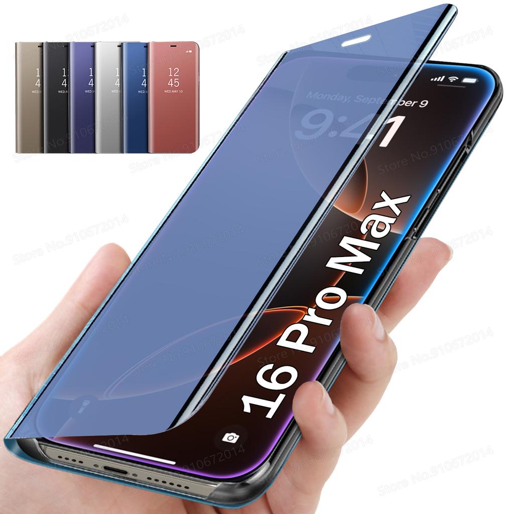 Pouzdro na telefon s plnou ochranou, zrcadlovým flipovým držákem pro iPhone 16 17 Air 15 14 Plus 13 12 11 17 Pro Max 7 8 16E, nárazuvzdorný zadní kryt