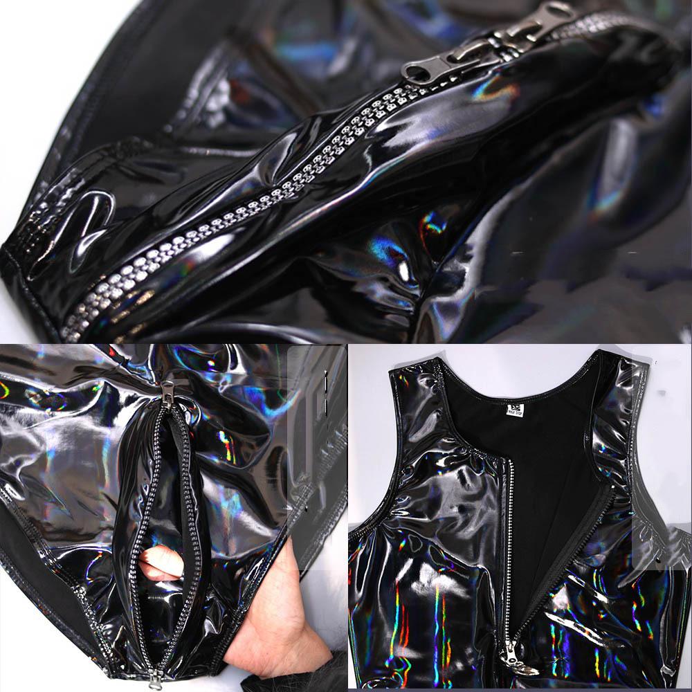 Men's Sexy Bodysuits Solid Color Shiny One-Piece Vest Zipper Tight-Fitting Shapewear Nightclub Dancing Erotic Clothes