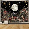 Vintage Mystical Tapestry, Golden Sun With Floral Border And Butterflies On Black Starry Background Wall Art For Aesthetic Room