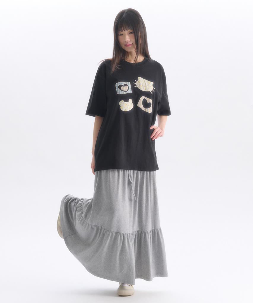 AMBLER Meow Bear Applique Embroidery Short Sleeve T-Shirt As1309 (Black)