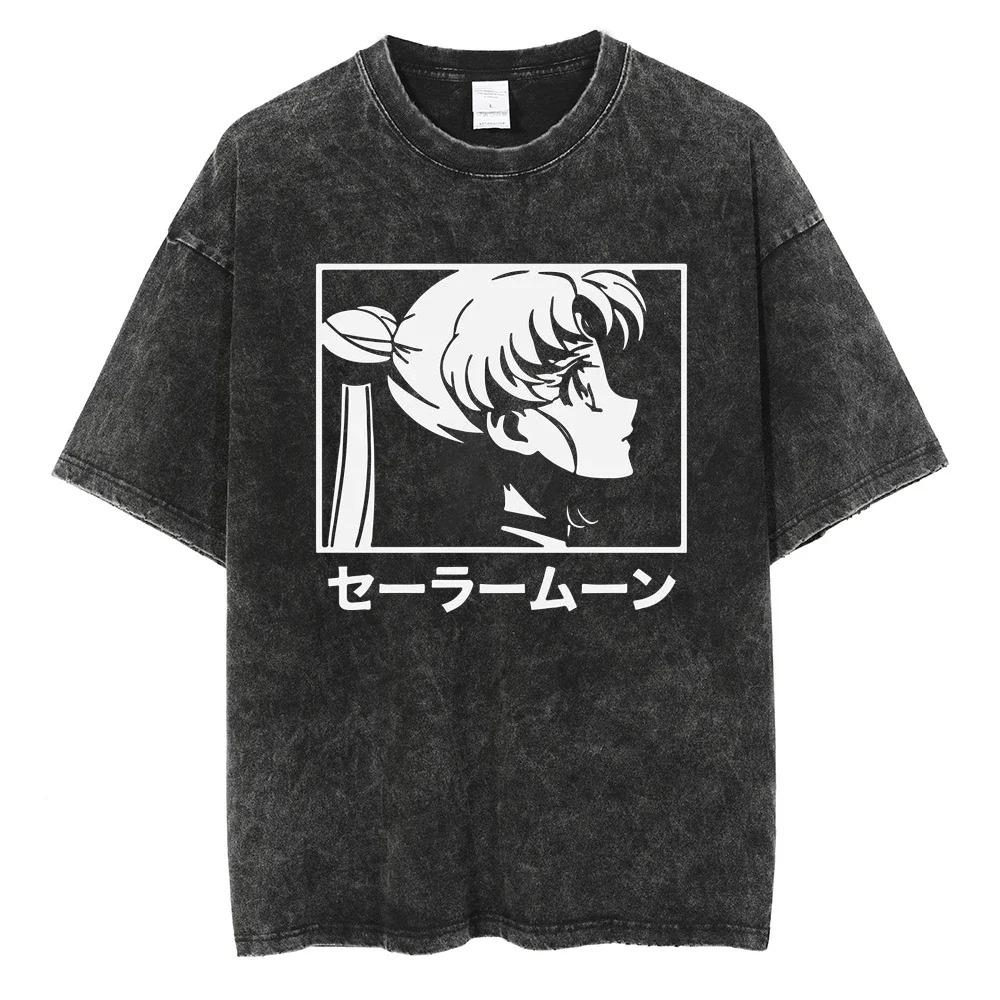 Pánské Dámské Potisk Vintage Prané Tričko Japonské Anime Streetwear Grafické Tričko Léto Krátký Rukáv Bavlněné Tričko