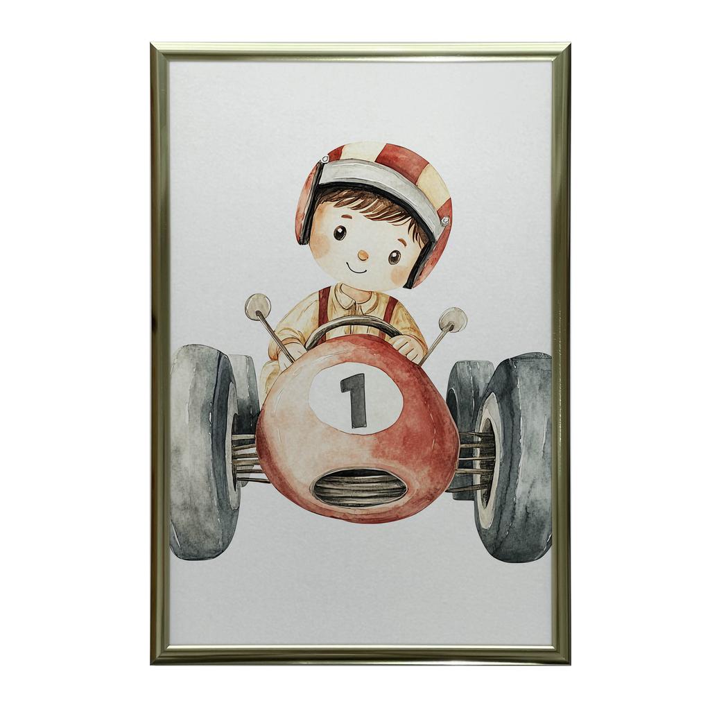 Boy In a Racing Car Poster Boy In a Racing Car Poster, 50X70 Cm, Frameless, Premium Canvas On Stretcher