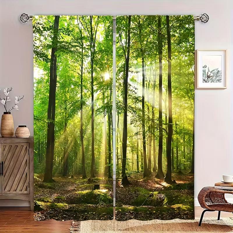2pcs Nature Green Forest & Sunbeam Pattern Curtains Designed for Light Blocking Premium Material Suitable for Living Room Be