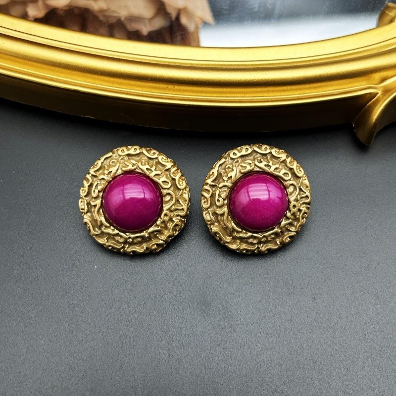 Vintage Court Style Retro Gold Circular Relief Texture 925 Silver Needle Earrings