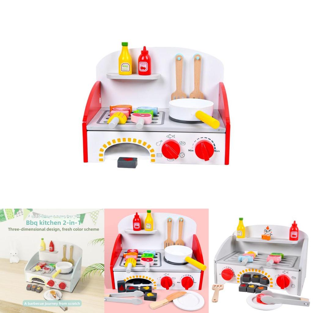 Wooden Simulation Kitchen Stove Kitchenware And Barbecue Grill Model Kid Toy For Parentchild Interaction