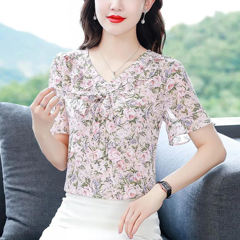 Summer Women's Floral V Neck Bow Tie Short Sleeve Ruffle Blouse