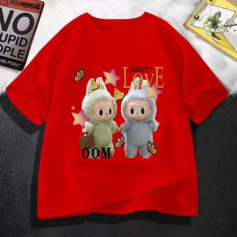 Cute Labubu Cartoon Printed T-shirt, Summer New Children's Round Neck Short Sleeved, Suitable for Girls Aged 4-14