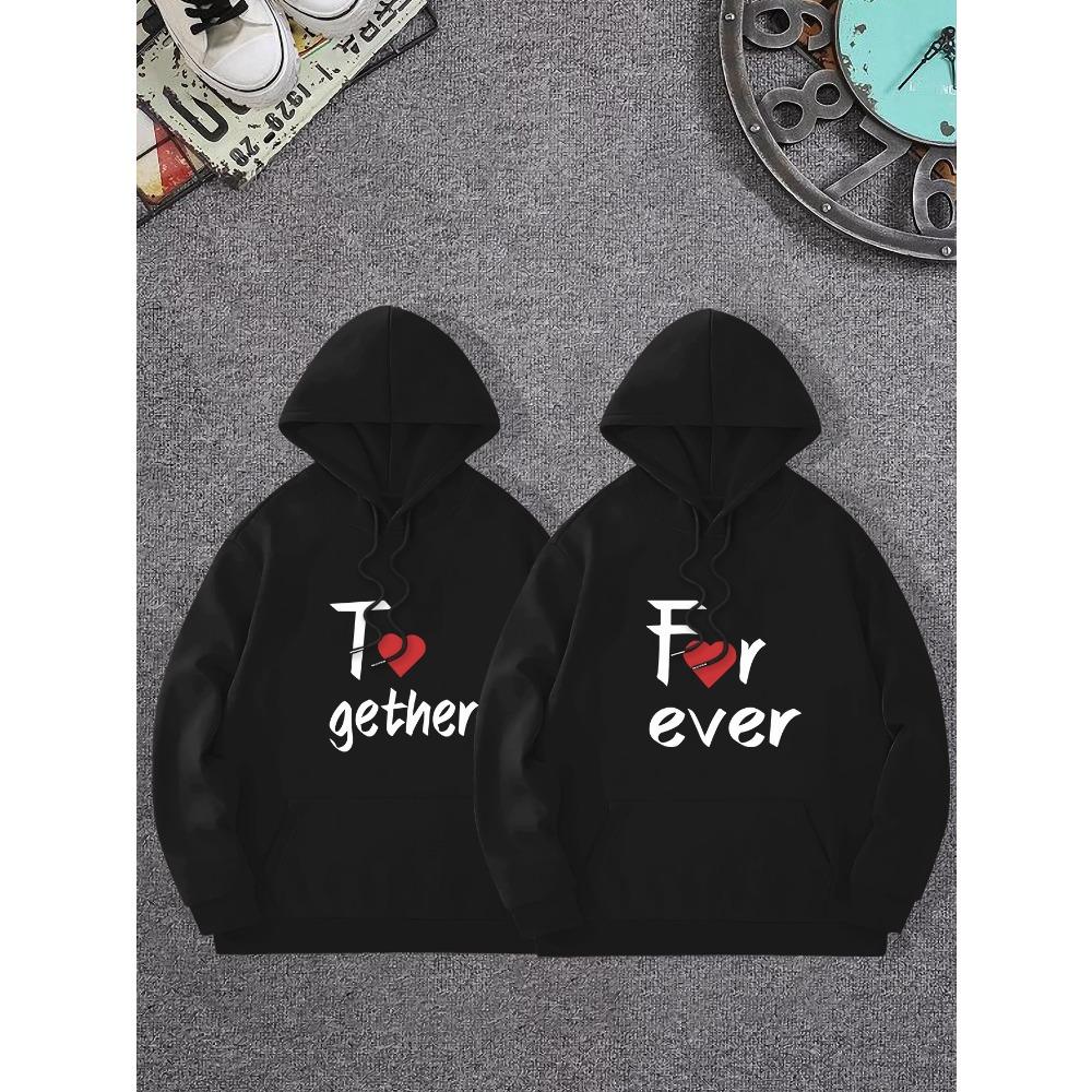 Matching Couple Printed Pullover Hoodie Drawstring Hood With Kangaroo Pocket Long Sleeve Couple Sweatshirt
