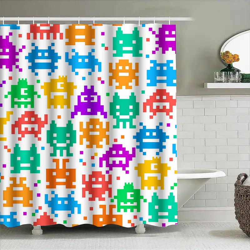 Pixelated Space Invaders Shower Curtain Set Multi-Color Retro Video Game Decor For Bathroom