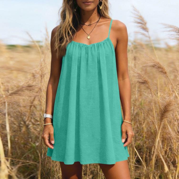 Summer Sundress Women Casual Spaghetti Strap Mini Dress Loose Fit Sleeveless Lightweight Beach Vacation Daily Wear