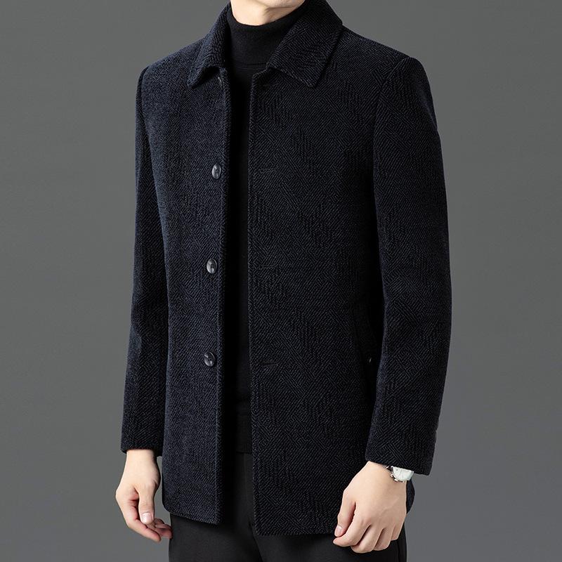 Men's Plush Single-Breasted Wool Coat - Thick, Warm, Stylish Outerwear for Autumn/Winter, Middle-Aged & Elderly Light Business Wear