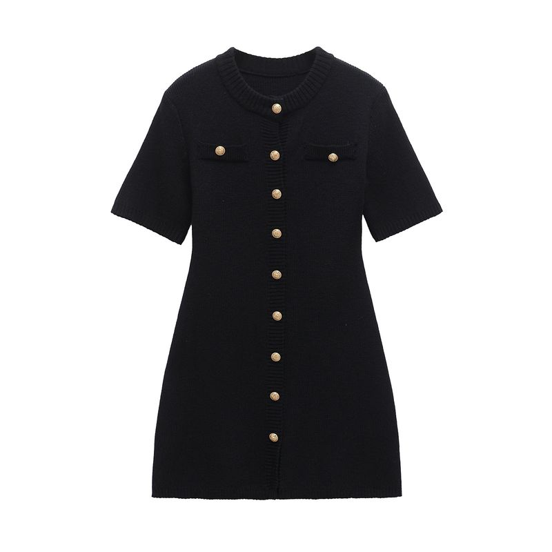 

Kaslead New Arrival Women s Clothing Fashion Style Fashion Minimalist Button Decoration Wool Dress Black L