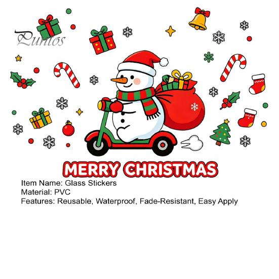 Winter Home Decor Cute Snowman Scooter Christmas Static Window Cling, Cartoon Merry Glass Decorations Decal, Waterproof Sticker for Shop Xmas