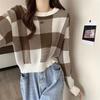 Maglione a blocchi di colore a quadri primaverile da donna - Pullover carino con scollo rotondo e maniche corte-lunghe