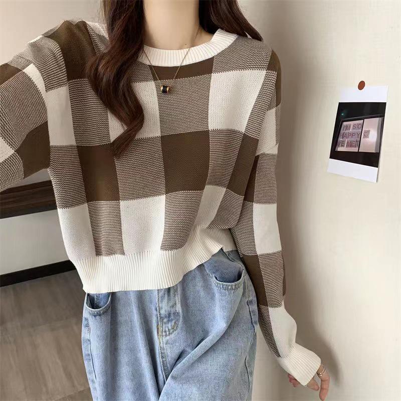 Maglione a blocchi di colore a quadri primaverile da donna - Pullover carino con scollo rotondo e maniche corte-lunghe