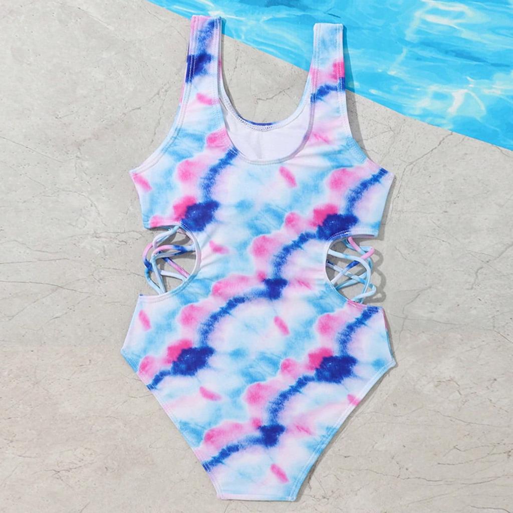 Girls One Piece Swimsuit Tie Dye Gradient Print Cut Out Sides Sleeveless Beachwear Active Swimwear for Kids
